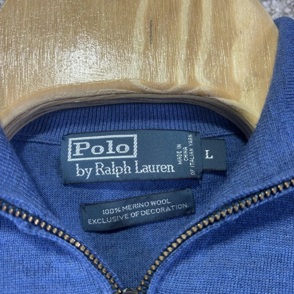 Polo By Ralph Lauren Sweater Mens Large Blue Merino Wool 1/4 Zip Mock Neck